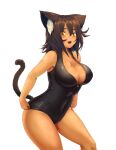  1girl adjusting_clothes adjusting_swimsuit animal_ear_fluff animal_ears bare_shoulders breasts brown_hair cat_ears cat_girl cat_tail cleavage collarbone commentary commentary_request curvy dark-skinned_female dark_skin front_zipper_swimsuit green_eyes hair_between_eyes large_breasts legs_apart meme_attire nekomusume_(pekoneko) one-piece_swimsuit open_mouth original pekoneko simple_background solo swimsuit tail tail_raised tan teeth thighs upper_teeth white_background 