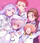  5boys ahoge ai_ranmaru ascot blue_eyes brown_hair closed_eyes closed_mouth fairy_ranmaru:anata_no_kokoro_otasuke_shimasu glasses headphones headphones_around_neck hoterase_homura jewelry matsuoka_jyuka mnmn0406 multiple_boys necktie one_eye_closed open_mouth orange_eyes pointy_ears purple_background purple_hair red_eyes red_hair ring seiren_uruu silver_hair simple_background smile uniform utashiro_takara yellow_eyes 