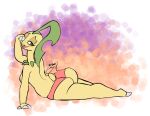  2022 abstract_background anthro bayleef blush butt clothed clothing dated female half-closed_eyes hi_res lying narrowed_eyes nintendo panties pok&eacute;mon pok&eacute;mon_(species) red_eyes rubbing_eye signature solo topless underwear video_games wayesh 