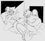  alphys anthro bed big_breasts big_butt black_and_white blush bodily_fluids boxer_briefs breast_grab breasts bulge butt clothed clothing cuddling duo embrace eyes_closed female furniture gaster hand_on_breast hug humanoid humanoid_on_anthro kneeling lizard male male/female monochrome navel non-mammal_breasts nude open_mouth open_smile panties pastrydog pillow reptile scalie simple_background smile sweat thick_tail topless undertale undertale_(series) underwear video_games 