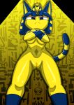  ankha_zone anthro barely_visible_areola blue_hair breasts butt_from_the_front crossed_arms domestic_cat egyptian felid feline felis female frown fur genitals hair hi_res kinkybird looking_at_viewer looking_down mammal navel nude pussy solo standing under_boob wide_hips yellow_body yellow_fur 
