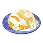  artist_request berry carrot commentary english_commentary flower food food_art food_focus genshin_impact lowres no_humans official_art plate prosperous_peace_(genshin_impact) rice still_life third-party_source transparent_background white_flower 