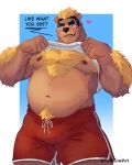  &lt;3 anthro arm_hair belly blush body_hair bottomwear chest_hair clothed clothing clothing_lift coffeline harold_grifter hi_res looking_at_viewer male mammal musclegut navel nipples overweight pecs pubes shirt shirt_lift shorts smile solo topwear ursid 