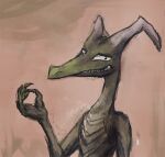  2013 ambiguous_gender anthro bittertooth dragon gesture green_body green_scales grin headshot horn kobold looking_at_viewer ok_sign scales simple_background smile solo 