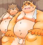 2022 anthro balls belly black_nose blush brown_body cute_fangs duo felid flaccid genitals hi_res humanoid_genitalia humanoid_hands humanoid_penis inside kemono male male/male mammal moobs navel nipples one_eye_closed overweight overweight_male pantherine penis puss3250 sauna sitting tiger towel towel_on_shoulder ursid 