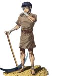  1boy barefoot belt black_hair blue_eyes brown_tunic cestvs cestvs:_the_roman_fighter collar commentary_request foot_wraps full_body hand_wraps highres metal_collar open_mouth pickaxe slave solo standing tunic user_fcpz4844 