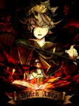  1boy absurdres ahoge asta_(black_clover) banner belt black_bull_(emblem) black_clover black_headband blonde_hair book buckle capelet dark_background dark_persona english_text floating floating_book floating_object frit_2 gloves green_eyes grey_hair hair_between_eyes hands_up headband heterochromia highres holding holding_sword holding_weapon long_bangs looking_at_viewer magic male_focus messy_hair narrowed_eyes open_mouth red_eyes serious shirt short_hair silver_hair single_glove solo sparkle spiked_hair sword text_focus upper_body v-shaped_eyebrows weapon white_shirt 
