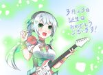  1girl blush bow center_frills choker clothing_request corset electric_guitar eyebrows_visible_through_hair frilled_shirt frills green_bow green_eyes guitar hair_bow hand_up headset highres hizuki_miu hizukichi_(windplay) holding holding_instrument idol_clothes instrument long_hair multicolored_clothes music musical_note musical_note_print open_mouth pink_bow pink_choker playing_instrument plectrum shirt shoulder_strap side_ponytail sidelocks silver_hair sleeveless sleeveless_shirt smile solo translation_request triangle_hair_ornament underbust virtual_youtuber wactor_production white_shirt wristband 