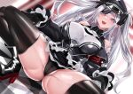  1girl azur_lane bangs black_footwear black_gloves black_panties black_ribbon boots breasts breasts_apart commentary_request cross dutch_angle elbe_(azur_lane) eyebrows_visible_through_hair fang gloves hair_ribbon hat high_heel_boots high_heels highres iron_cross keishi_surota large_breasts legs_apart long_hair long_sleeves looking_at_viewer military_hat open_mouth panties peaked_cap purple_eyes reflection reflective_floor ribbon sidelocks silver_hair skin_fang smile solo squatting swept_bangs thigh_boots thighhighs thighs tiles two_side_up underwear very_long_hair 