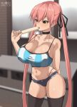  1girl bikini black_panties breasts cleavage crop_top denim large_breasts licking nanashi_maru oppai_loli original panties pink_hair popsicle_in_mouth short_shorts shorts solo swimsuit thong_bikini twintails underwear 