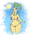  2022 absurd_res anthro bayleef bikini bikini_top blue_sky blush clothing dated female hi_res long_neck navel nintendo nipple_outline panties pok&eacute;mon pok&eacute;mon_(species) red_eyes signature sky smile solo stars_and_stripes sun swimwear underwear united_states_of_america video_games wayesh 