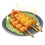  artist_request cherry_tomato commentary cucumber cucumber_slice english_commentary food food_focus genshin_impact lowres meat no_humans official_art plate sauce skewer sparkle still_life third-party_source tomato transparent_background 