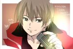  1boy anniversary artist_name black_eyes brown_hair closed_mouth coat hiyama_kiyoteru jacket looking_at_viewer male_focus microphone mouri popped_collar red_coat signature simple_background smile upper_body vocaloid white_background 
