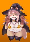  2018 absurd_res anthro bikini black_cape black_clothing black_headwear black_legwear black_thigh_highs blush canid canine claw_pose clothing dipstick_tail eyebrow_through_hair eyebrows fangs female fox gloves_(marking) green_eyes hair half-closed_eyes halloween hat headgear headwear hi_res holidays leaning leaning_forward legwear long_hair looking_at_viewer mammal markings narrowed_eyes open_mouth open_smile orange_background orange_bikini orange_clothing orange_swimwear ou_sakuraba_(shinobe) pink_hair red_fox shinobe simple_background slightly_chubby smile solo swimwear tail_markings thigh_highs translucent translucent_hair witch_hat 