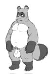  2022 anthro balls belly canid canine flaccid genitals hi_res humanoid_genitalia humanoid_hands humanoid_penis kemono male mammal monochrome navel overweight overweight_male penis raccoon_dog simple_background solo tanuki white_background witherrose1 