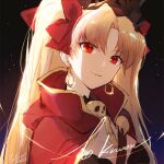  1girl bangs black_background blonde_hair breasts cloak ereshkigal_(fate) eyebrows_behind_hair eyebrows_visible_through_hair fate/grand_order fate_(series) hair_ribbon jewelry long_hair looking_at_viewer necklace red_eyes ribbon simple_background slyvia smile solo twintails underwear upper_body 