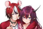  1boy 1girl absurdres animal_ears bangs black_hair blue_eyes character_request choker genderswap genderswap_(ftm) hakos_baelz heterochromia highres hololive hololive_english horns irys_(hololive) jan_azure long_hair mouse_boy mouse_ears multicolored_hair pointy_ears purple_eyes purple_hair red_hair spiked_choker spikes v virtual_youtuber white_hair 