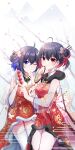  2girls bangs bare_shoulders blue_eyes blue_hair branch china_dress chinese_clothes chinese_new_year closed_mouth dress dual_persona eating food food_on_face gou_lianlian_dogface hair_bun hand_fan highres holding holding_fan holding_food homu_(honkai_impact) honkai_(series) honkai_impact_3rd looking_at_viewer medium_hair multiple_girls one_eye_closed outdoors red_dress red_eyes red_hair seele_(alter_ego) seele_vollerei sleeveless sleeveless_dress tanghulu thighhighs v white_legwear 