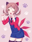  1girl ;d bangs blue_overalls blush brown_eyes brown_hair cowboy_shot eyebrows_visible_through_hair eyelashes hands_up highres long_hair lyra_(pokemon) nasakixoc one_eye_closed open_mouth overalls paw_pose paw_print paw_print_background pokemon pokemon_(game) pokemon_hgss red_shirt shiny shiny_skin shirt smile solo symbol-only_commentary thighhighs twintails 