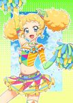  1girl :d aikatsu! aikatsu!_(series) arm_up armpits blonde_hair blue_eyes blue_sky blush border bow cheering cheerleader cloud cloudy_sky collarbone commentary cowboy_shot crop_top day detached_sleeves earrings gradient_border green_border hair_bow highres holding holding_pom_poms idol jewelry kurorook midriff multicolored_border multicolored_bow multicolored_clothes multicolored_skirt navel necklace open_mouth outline polka_dot_border pom_pom_(cheerleading) saegusa_kii shiny shiny_skin single_bare_shoulder single_detached_sleeve single_thighhigh skirt sky smile solo stomach striped_choker thighhighs twintails white_outline yellow_border 
