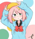  1girl adjusting_clothes adjusting_headwear arms_up bangs black_shirt blonde_hair blue_hoodie blush bow collared_shirt commentary_request drawstring eyebrows_behind_hair green_eyes hair_between_eyes hood hood_down hoodie kujou_karasuma long_sleeves multicolored_hair original parted_lips pink_hair red_bow shirt signature sleeves_past_wrists solo streaked_hair two-tone_hair upper_body visor_cap white_background yellow_headwear 