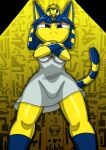  ankha_zone anthro blue_hair clothing crossed_arms domestic_cat egyptian egyptian_clothing felid feline felis female frown fur hair hi_res kinkybird looking_at_viewer looking_down mammal solo standing yellow_body yellow_fur 