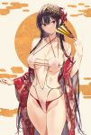  1girl absurdres bangs bare_shoulders beige_background bikini black_hair breasts closed_mouth collarbone cowboy_shot floral_print flower folding_fan groin hair_flower hair_ornament haitekudasai_takamine-san hand_fan hand_up highres hiiragi_yuuichi holding holding_fan japanese_clothes kimono large_breasts long_hair looking_at_viewer one-piece_swimsuit open_clothes open_kimono red_bikini red_eyes red_flower red_kimono skindentation solo swimsuit takamine_takane thighs underboob very_long_hair white_flower wide_sleeves 