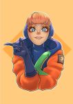  1girl apex_legends bangs blonde_hair blue_bodysuit blue_eyes blue_headwear bodysuit eyeshadow holding holding_stuffed_toy hood hooded_jacket jacket kuwatoro lightning_bolt_symbol makeup nessie_(respawn) orange_jacket parted_lips pointing_to_the_side portrait red_eyeshadow ribbed_bodysuit smile stuffed_toy symbol_in_eye wattson_(apex_legends) yellow_background 