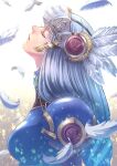  1girl armor blue_armor braid closed_eyes feathers gem gold_trim helmet highres kikopoko11 lenneth_valkyrie long_hair profile shoulder_armor silver_hair valkyrie valkyrie_profile winged_helmet 