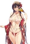  1girl absurdres bangs bare_shoulders bikini black_hair breasts closed_mouth collarbone cowboy_shot floral_print flower folding_fan groin hair_flower hair_ornament haitekudasai_takamine-san hand_fan hand_up highres hiiragi_yuuichi holding holding_fan japanese_clothes kimono large_breasts long_hair looking_at_viewer one-piece_swimsuit open_clothes open_kimono red_bikini red_eyes red_flower red_kimono simple_background skindentation solo swimsuit takamine_takane thighs underboob very_long_hair white_background white_flower wide_sleeves 