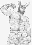 2022 abs anthro areola arm_hair armpit_hair beard biceps body_hair bottomwear chest_hair clothed clothing digital_drawing_(artwork) digital_media_(artwork) erection eyebrows facial_hair genitals happy_trail jockstrap lagomorph leg_hair leporid male mammal monochrome muscular muscular_anthro muscular_male navel nipples partially_clothed pecs penis pinup poking_out pose pubes rabbit shorts shorts_down simonsbathtub simple_background sketch smile solo teeth underwear vein veiny_penis white_background 