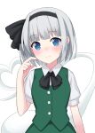 1girl bangs black_bow black_bowtie black_hairband black_ribbon blue_eyes blush bow bowtie breasts buttons closed_mouth collared_shirt commentary_request dress eyebrows_visible_through_hair ghost gradient gradient_hair green_dress grey_hair hairband hand_up heart hitodama konpaku_youmu konpaku_youmu_(ghost) looking_to_the_side medium_breasts multicolored_hair myon_(phrase) puffy_short_sleeves puffy_sleeves ribbon shirt short_hair short_sleeves silver_hair simple_background solo suzuno_naru touhou white_background white_shirt 