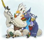  anthro avian beak blue_body blue_feathers bow braided_hair breath_of_the_wild cuddling duo eyebrows feathers hair male nintendo revali rito sheep_riritoto sitting talons teba_(tloz) the_legend_of_zelda thick_eyebrows video_games white_body white_feathers 