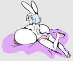  2017 angstrom anthro areola big_breasts blue_hair blush breasts butt clothed clothing female hair huge_breasts hyper hyper_breasts lagomorph leporid looking_back lying mammal molly_(angstrom) nipples on_front open_mouth panties pink_nipples rabbit solo topless underwear white_body 
