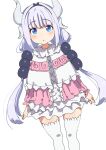  1girl :o bangs beads blue_eyes blunt_bangs blush commentary_request dragon_girl dragon_horns dress duplicate frills fur_collar hair_beads hair_ornament hairband horns kanna_kamui kobayashi-san_chi_no_maidragon light_purple_hair long_hair looking_at_viewer low_twintails n_(n45987607) parted_lips pixel-perfect_duplicate simple_background solo thighhighs twintails very_long_hair white_background white_legwear 