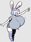  2017 angstrom anthro big_breasts blue_hair blush bottomwear breasts clothed clothing female gesture hair huge_breasts knee_highs lagomorph legwear leporid mammal molly_(angstrom) open_mouth pointing rabbit shirt shorts solo topwear white_body 