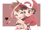  2boys :d absurdres bangs baseball_cap blush border brown_background brown_eyes brown_hair character_doll chase_(pokemon) closed_mouth commentary_request hachi_(hachi_sin) happy hat heart highres hug hug_from_behind male_focus multiple_boys open_mouth pokemon pokemon_(game) pokemon_lgpe red_headwear red_shirt shirt short_hair short_sleeves smile spiked_hair tongue trace_(pokemon) white_border yaoi 
