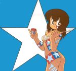  1girl ass bangs body_writing bodypaint bottle brown_eyes brown_hair covered_nipples cowboy_shot facepaint holding holding_bottle holding_paintbrush long_hair moko-chan non-web_source official_art paintbrush smile solo star_(symbol) tamiya_incorporated 