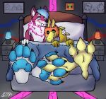  absurd_res avian bed bedding bird blanket canid canine canis comfy duo entwined_toes exposed feet foot_fetish foot_play furniture hi_res hybrid inside lamp lava_lamp male male/male mammal paws soles viraxe wolf wolfdog wolftical wolftical(artist) 