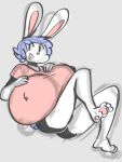  2017 angstrom anthro big_breasts blue_hair bottomwear breasts clothed clothing female hair hand_on_breast huge_breasts lagomorph leporid mammal molly_(angstrom) nipple_outline open_mouth rabbit shirt shorts solo topwear white_body 