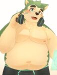  10_cosmo_24 anthro belly blush canid canine canis clothing domestic_dog eyebrows fur green_body green_eyes green_fur headphones headphones_around_neck hi_res lifewonders live-a-hero male mammal mokdai navel nipples overweight overweight_male pecs solo thick_eyebrows underwear video_games 