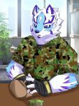  3:4 anthro beverage blue_and_white_fur blue_eyes camo canid canine clothing container cup facial_markings fingerless_gloves fiorisce666 gloves handwear head_markings hi_res lifewonders live-a-hero male mammal markings military_uniform sadayoshi solo tea tea_cup teapot uniform video_games 