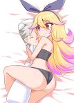  1girl ass azure_striker_gunvolt azure_striker_gunvolt_2 bangs bed_sheet black_bra black_panties blonde_hair body_pillow bra commentary_request cougar_(cougar1404) crotch_seam eyebrows_visible_through_hair from_above hair_between_eyes legs long_hair lying multicolored_hair mysterious_girl_(gunvolt) object_hug on_bed on_side panties pillow pillow_hug pink_eyes pink_hair solo two-tone_hair underwear underwear_only 