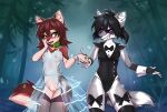  5_fingers anthro breasts brown_hair canid canine canis clothed clothing collar dragonfu duo female fingers green_eyes hair mammal red_wolf smile standing wolf 