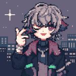  1boy ;d ahoge black_jacket black_sweater brown_eyes chibi fuwa_minato grey_hair hand_up jacket kiduta_cielo long_sleeves looking_at_viewer lowres male_focus multicolored_hair night nijisanji one_eye_closed open_clothes open_jacket outdoors pixel_art puffy_long_sleeves puffy_sleeves red_hair ribbed_sweater smile solo streaked_hair sweater turtleneck turtleneck_sweater upper_body virtual_youtuber w 
