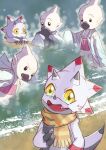  anthro bandai_namco beach beak bokomon chibi claws clothing coat cute_fangs digimon digimon_(species) digimon_ghost_game duo gammamon haramaki horn lab_coat male sand scarf seaside topwear vfcou white_body yellow_eyes 