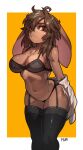  1girl animal_ears arms_behind_back artist_name border borrowed_character bra breasts brown_eyes brown_fur brown_hair feet_out_of_frame fur furry hair_over_one_eye highres looking_at_viewer medium_breasts medium_hair navel original panties pgm300 rabbit_ears rabbit_girl simple_background solo sweatdrop thighhighs two-tone_background underwear watermark white_border yellow_background 