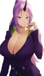  1girl absurdres breasts cleavage closed_mouth collared_shirt green_shirt high_ponytail highres horns huge_breasts jacket long_hair looking_at_viewer oni oni_horns pants ponytail purple_eyes purple_hair purple_jacket purple_pants purple_suit rororo shion_(tensei_shitara_slime_datta_ken) shirt sidelocks single_horn smile tensei_shitara_slime_datta_ken white_background 