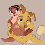  2022 anthro brown_body brown_eyes brown_fur canid canine canis digital_media_(artwork) domestic_dog duo eyewear floppy_ears fur glasses hi_res lutrine mammal mustelid open_mouth open_smile ribbontini signature smile tongue yellow_body yellow_fur 