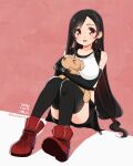  black_hair black_skirt boots breasts dog earrings final_fantasy final_fantasy_vii full_body jewelry krudears large_breasts long_hair open_mouth red_eyes simple_background skirt smile solo square_enix suspenders thighhighs tifa_lockhart zettai_ryouiki 